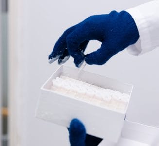 Gloved hands taking a biological sample on a slide out of a white box